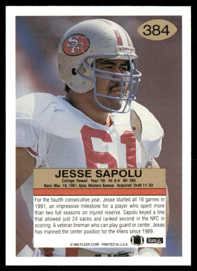 Jesse Sapolu 1992 Fleer #384 San Francisco 49ers