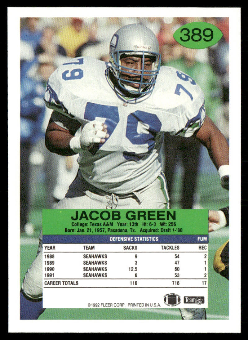 Jacob Green 1992 Fleer #389 Seattle Seahawks