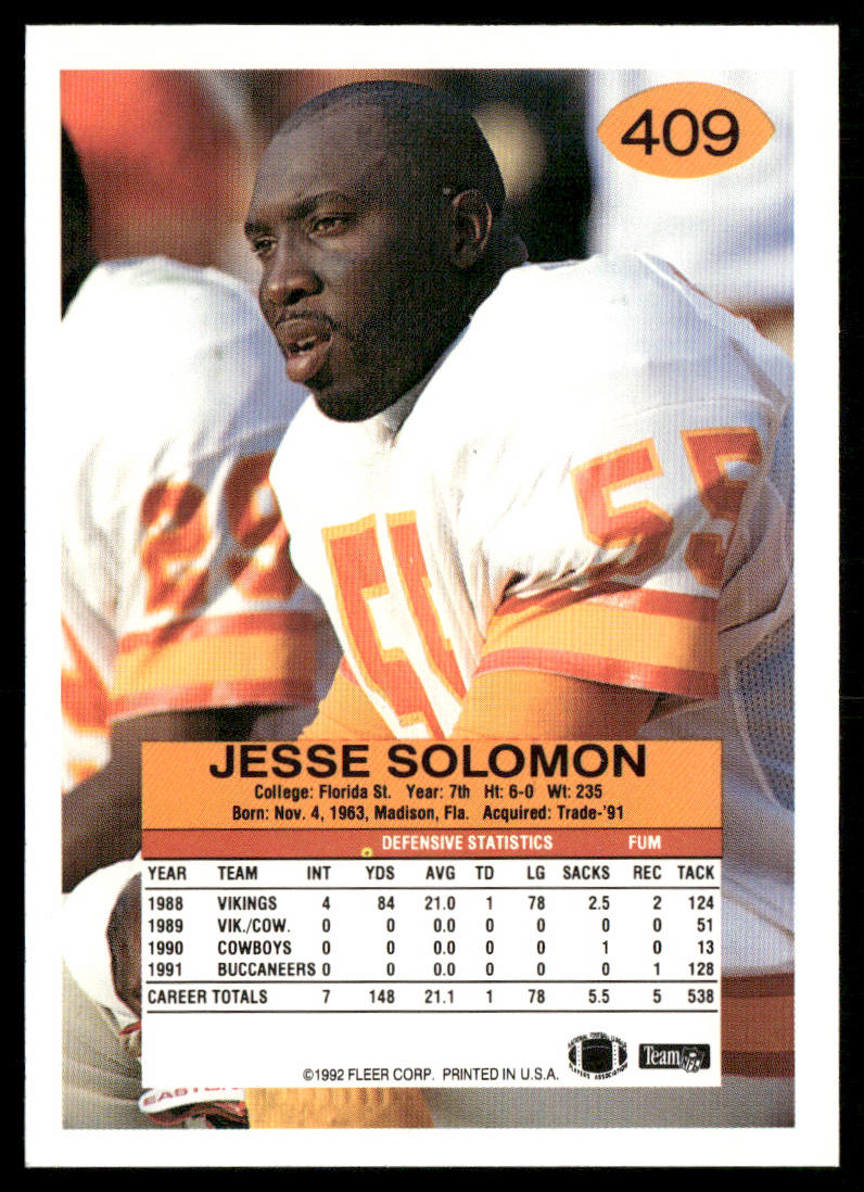 Jesse Solomon 1992 Fleer #409 Tampa Bay Buccaneers
