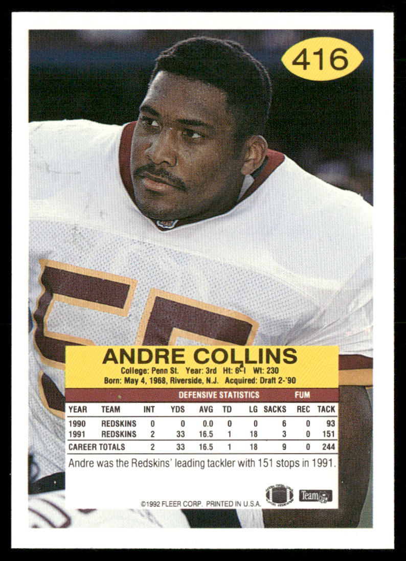 Andre Collins 1992 Fleer #416 Washington Redskins
