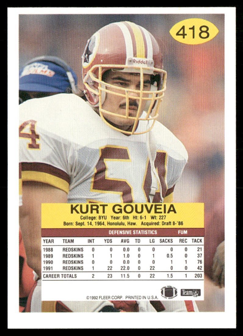Kurt Gouveia 1992 Fleer #418 Washington Redskins