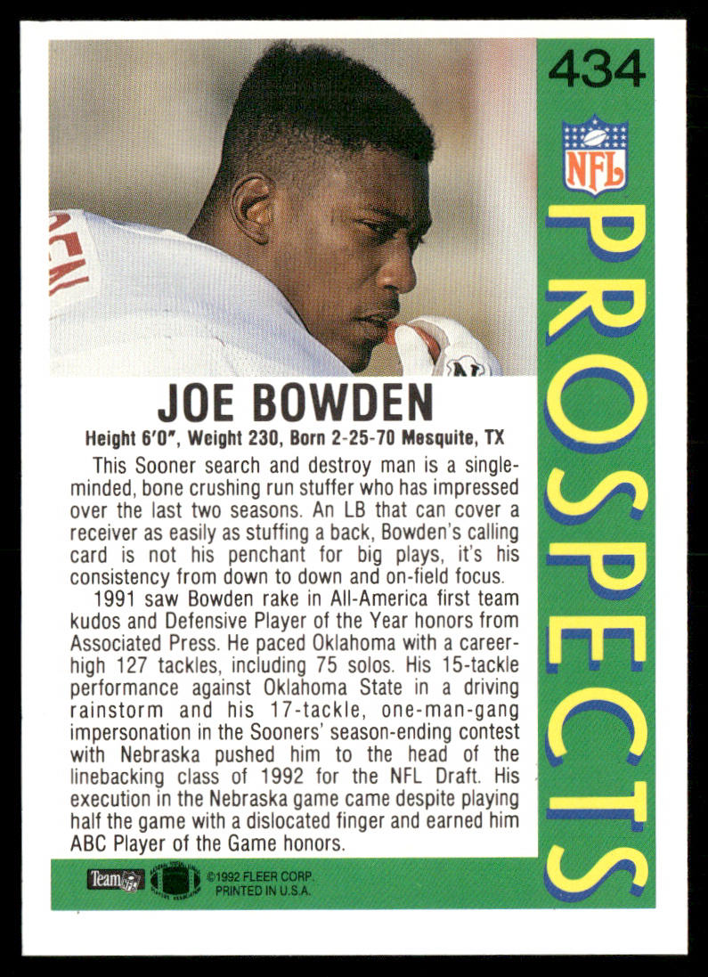 Joe Bowden 1992 Fleer #434 RC Oklahoma Sooners
