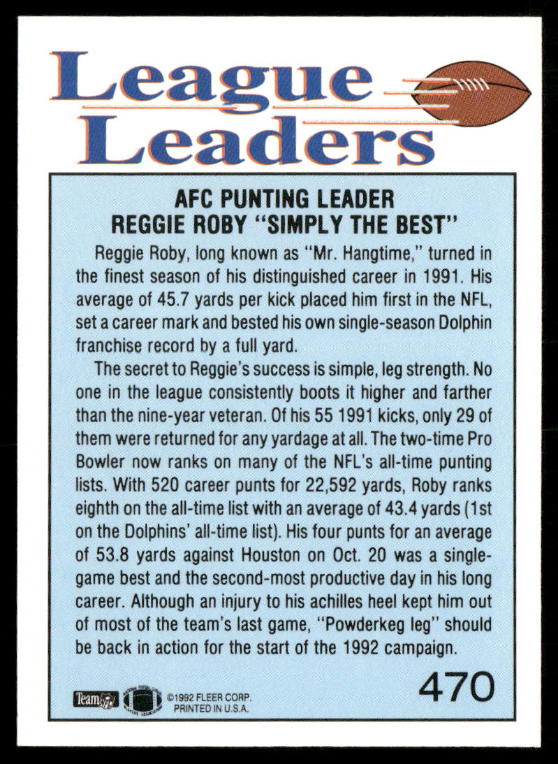 Reggie Roby 1992 Fleer #470 Miami Dolphins