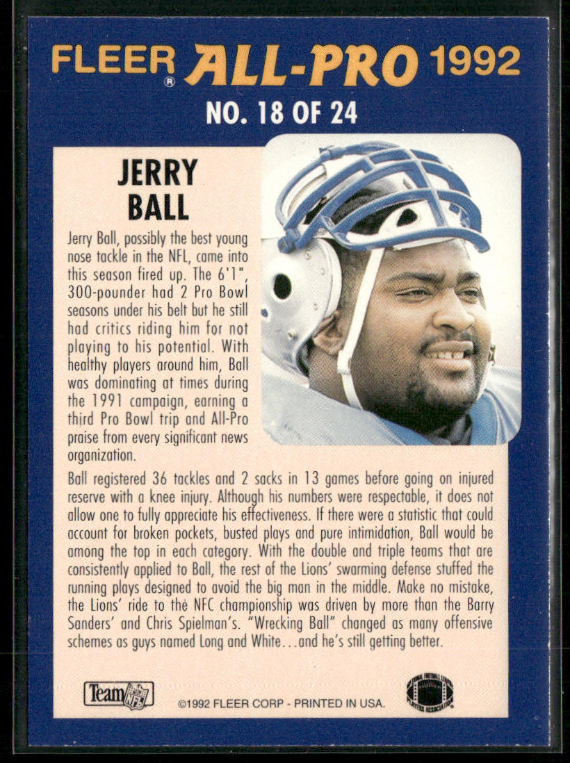 Jerry Ball 1992 Fleer Fleer All-Pro 1992 #18 Detroit Lions