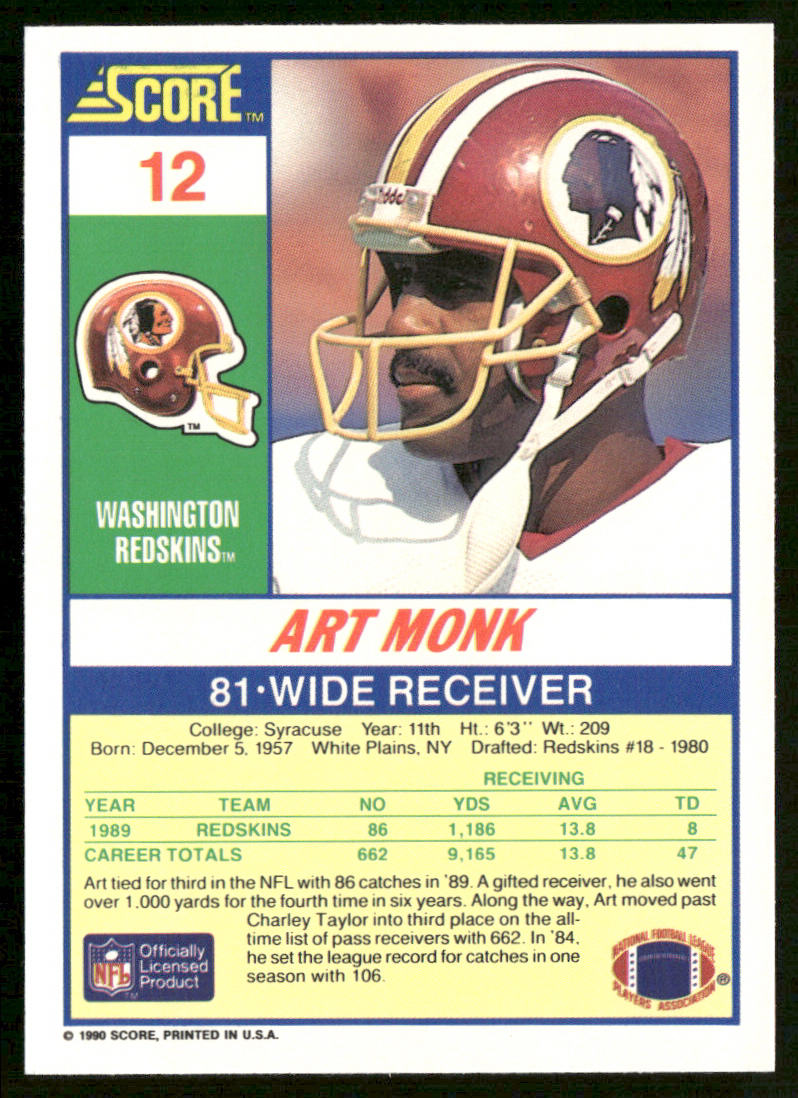 Art Monk 1990 Score #12 Washington Redskins