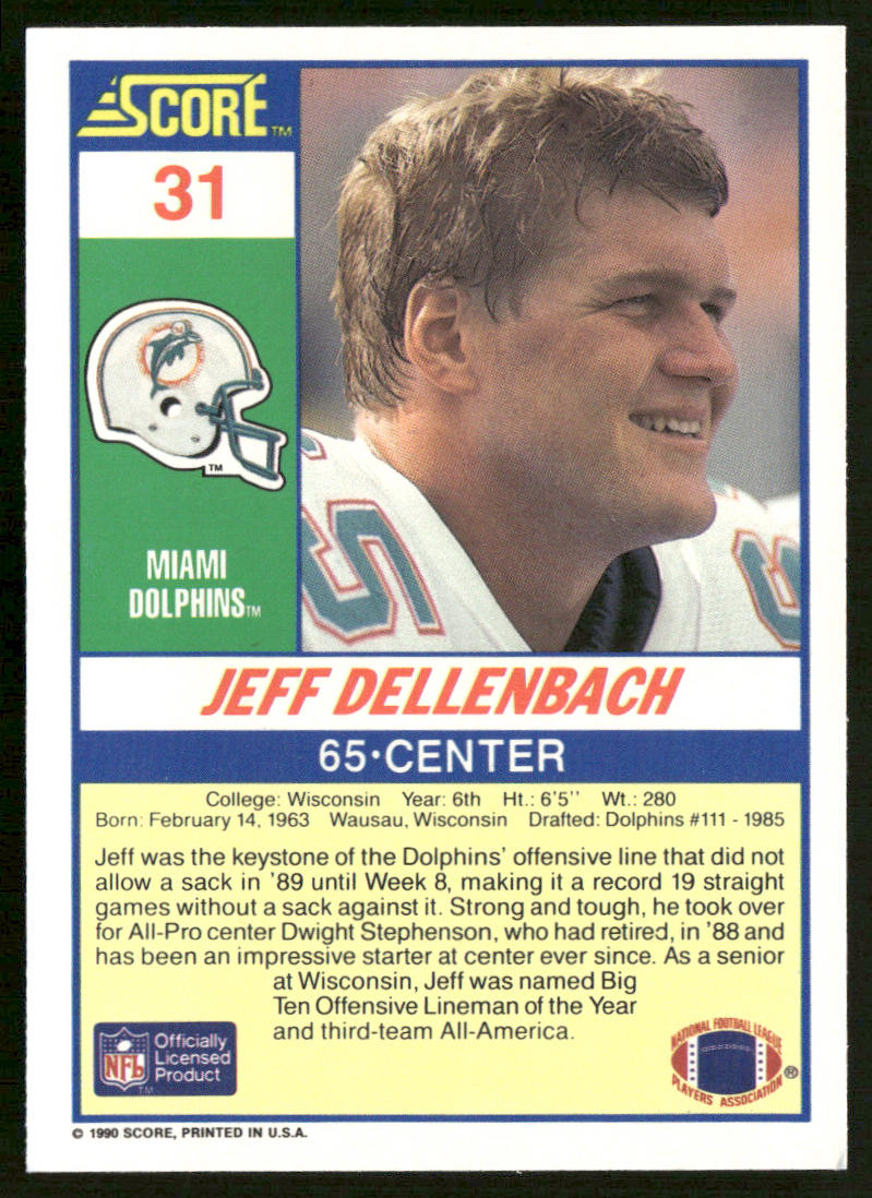 Jeff Dellenbach 1990 Score #31 RC Miami Dolphins