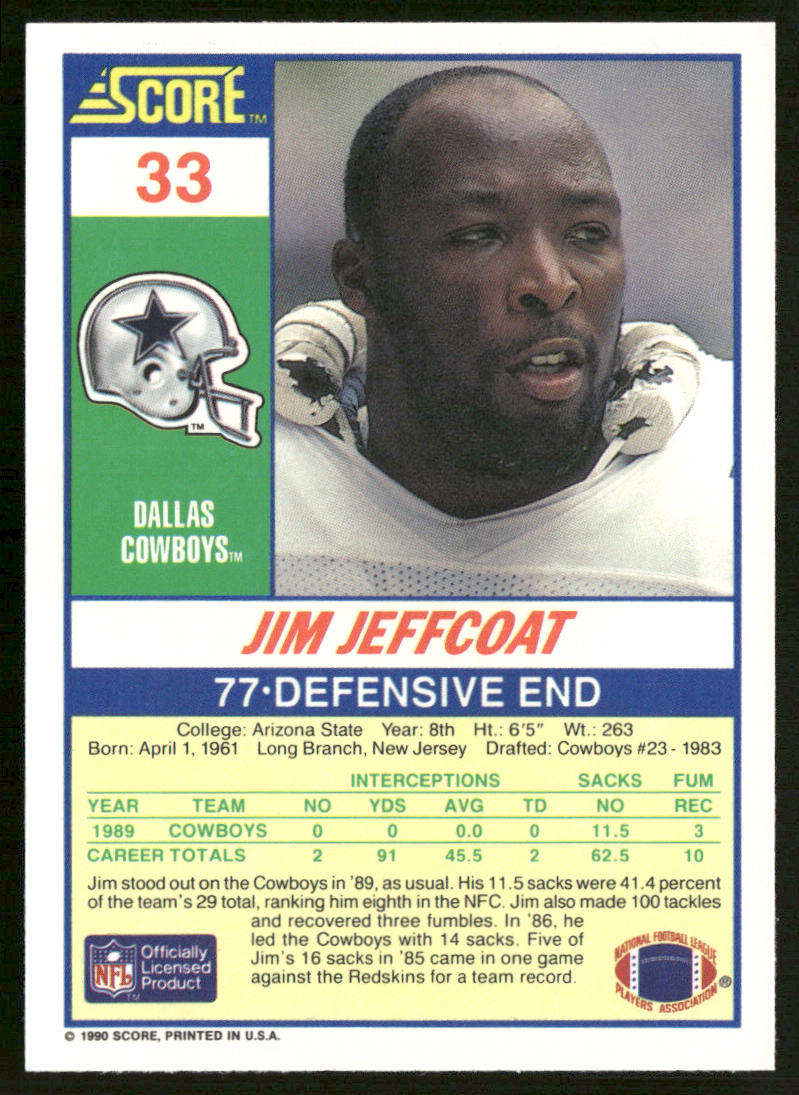 Jim Jeffcoat 1990 Score #33 Dallas Cowboys