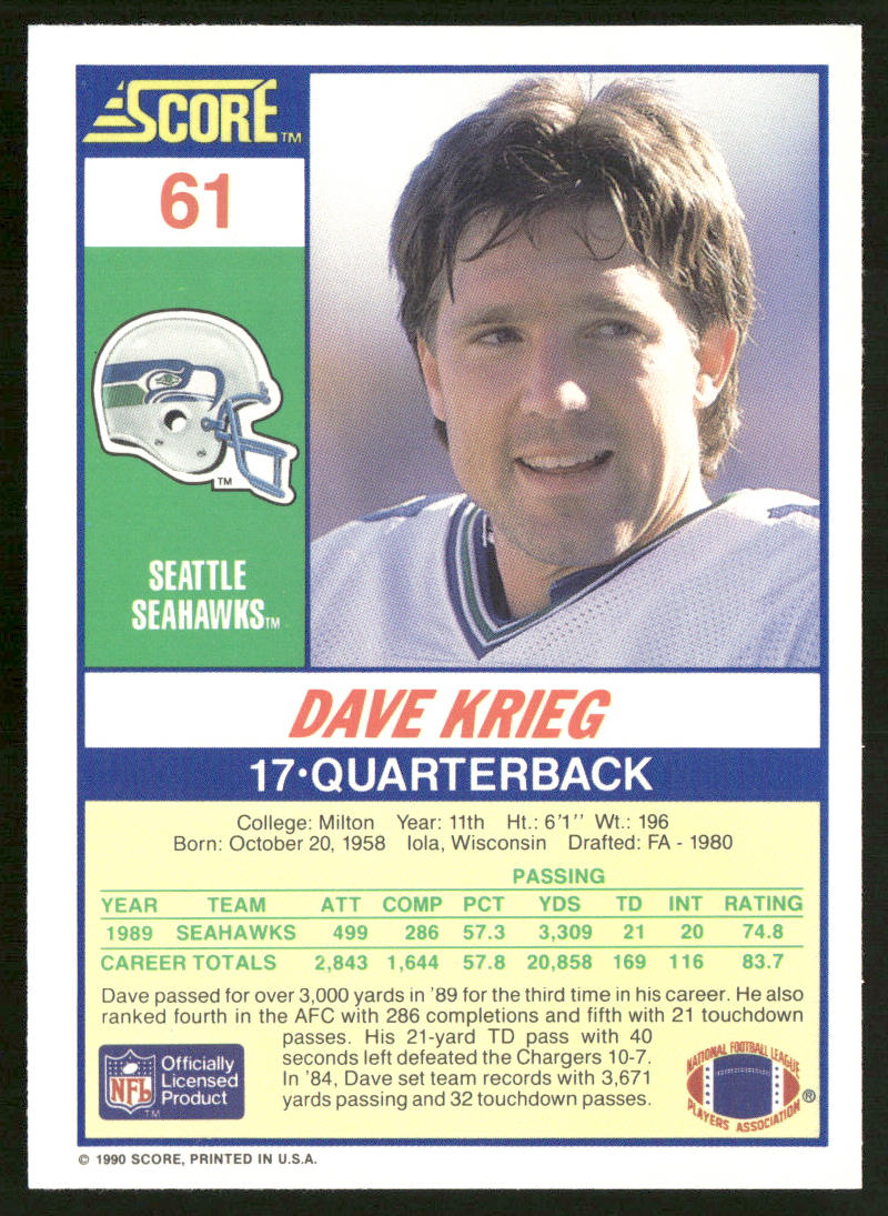 Dave Krieg 1990 Score #61 Seattle Seahawks