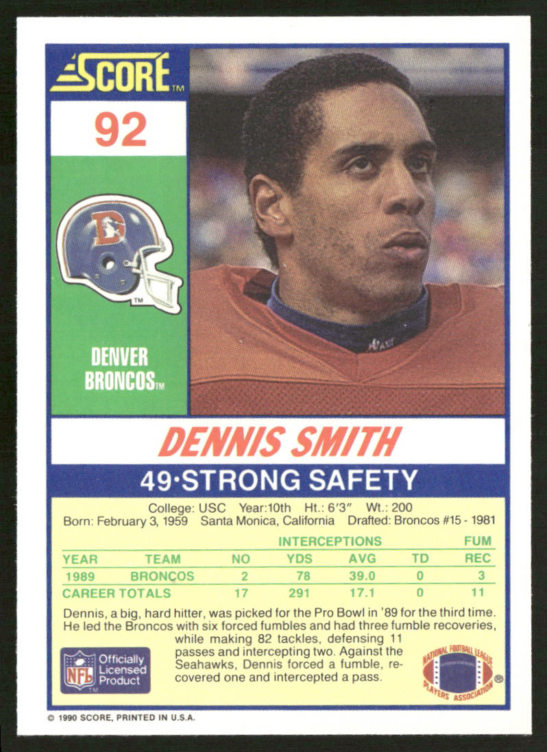 Dennis Smith 1990 Score #92 Denver Broncos