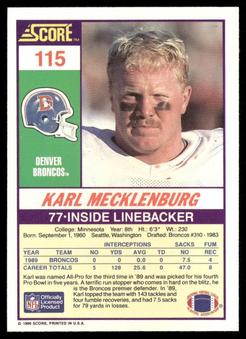 Karl Mecklenburg 1990 Score #115 Denver Broncos