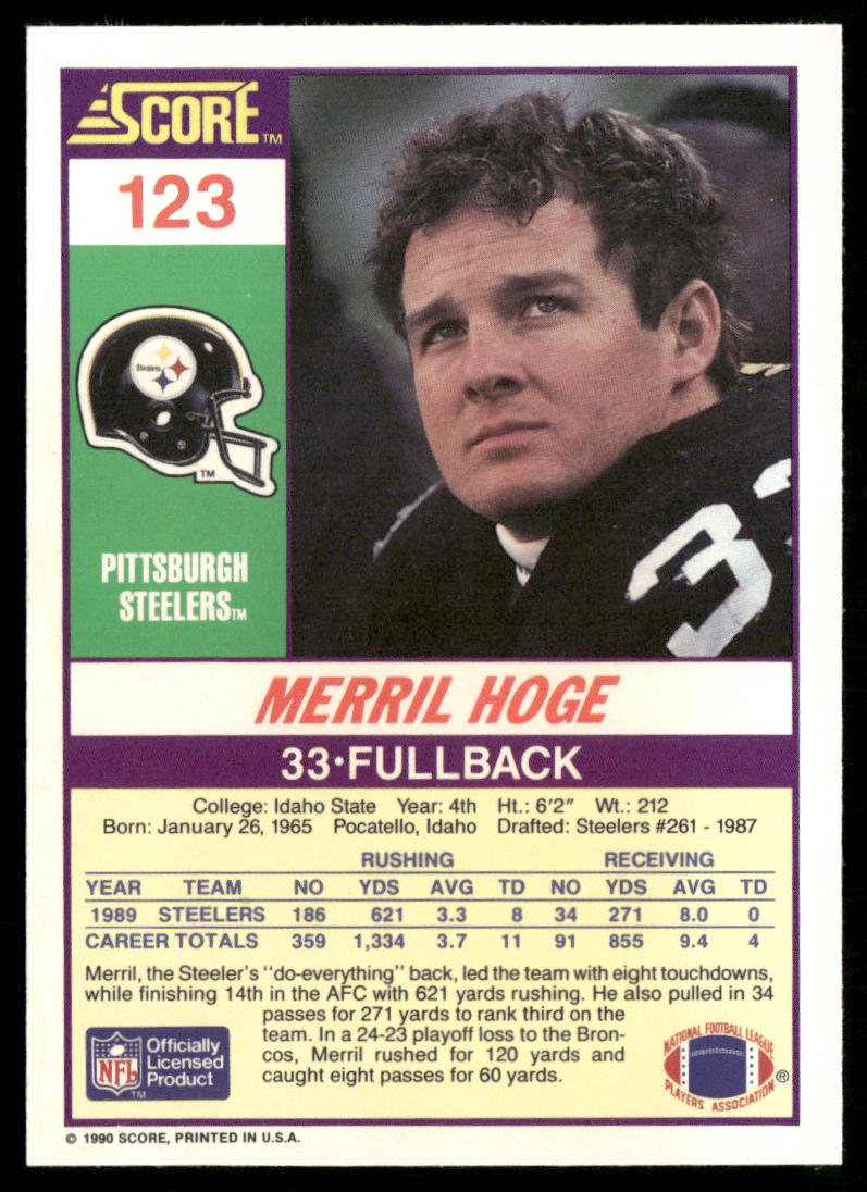 Merril Hoge 1990 Score #123 Pittsburgh Steelers