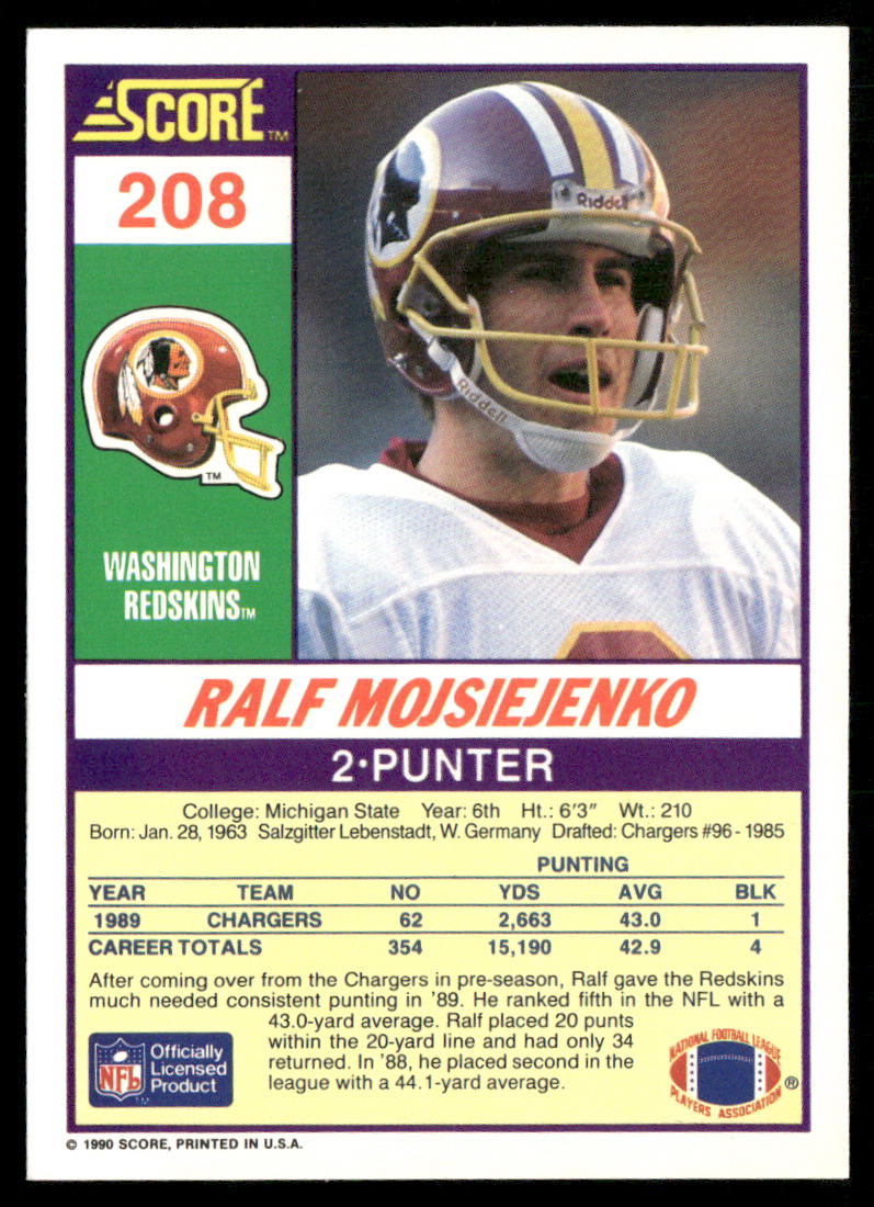 Ralf Mojsiejenko 1990 Score #208a Washington Redskins