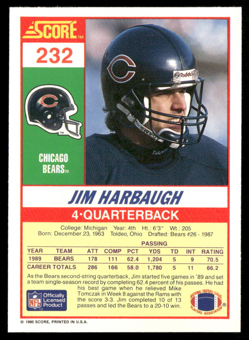 Jim Harbaugh 1990 Score #232 RC Chicago Bears