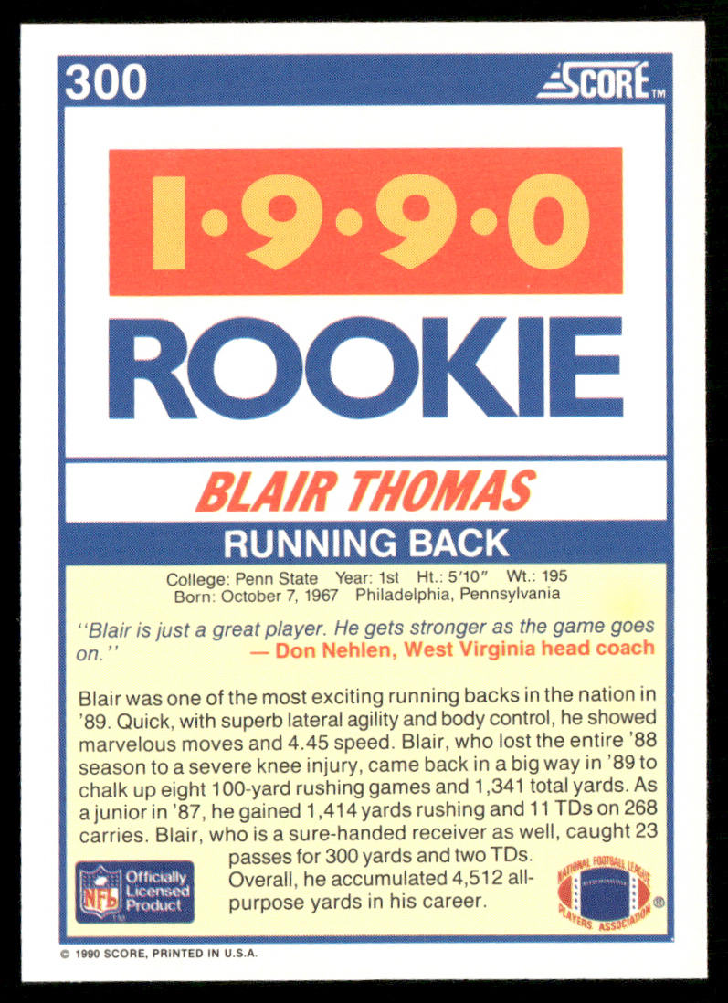 Blair Thomas 1990 Score #300 RC Penn State Nittany Lions