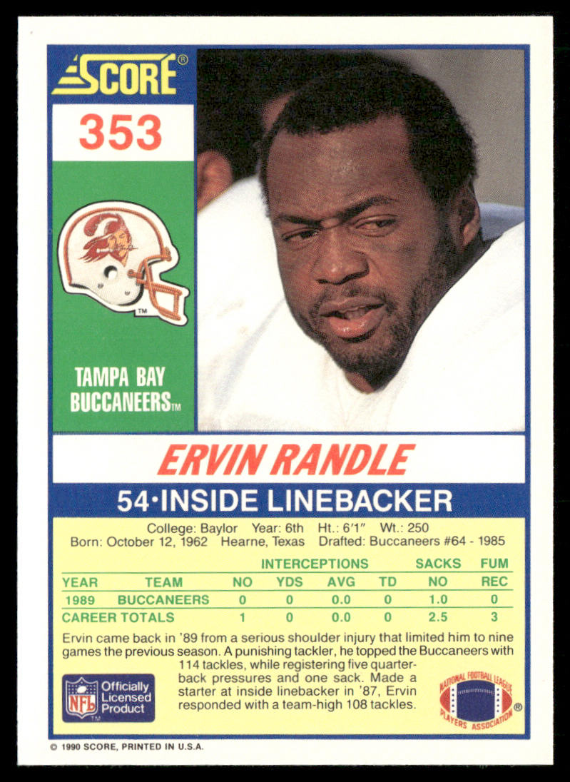 Ervin Randle 1990 Score #353 Tampa Bay Buccaneers