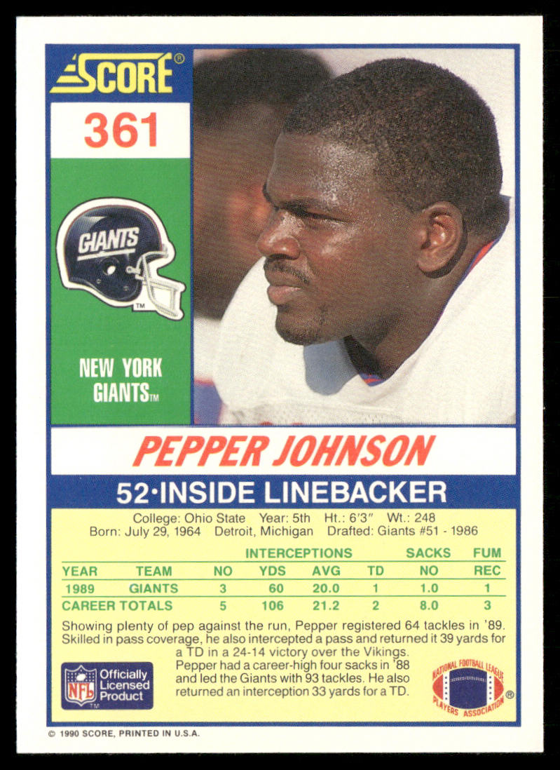 Pepper Johnson 1990 Score #361 New York Giants