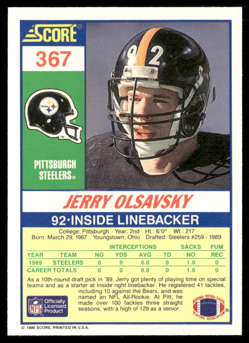 Jerry Olsavsky 1990 Score #367 RC Pittsburgh Steelers