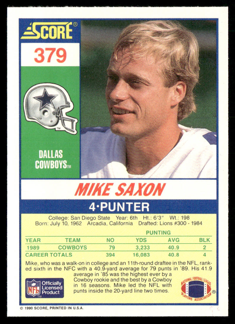 Mike Saxon 1990 Score #379 RC Dallas Cowboys