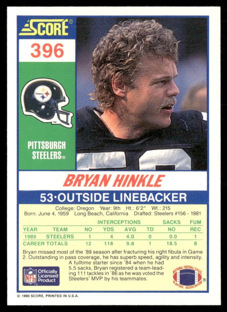 Bryan Hinkle 1990 Score #396 Pittsburgh Steelers