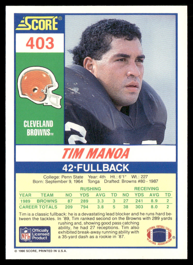 Tim Manoa 1990 Score #403 RC Cleveland Browns