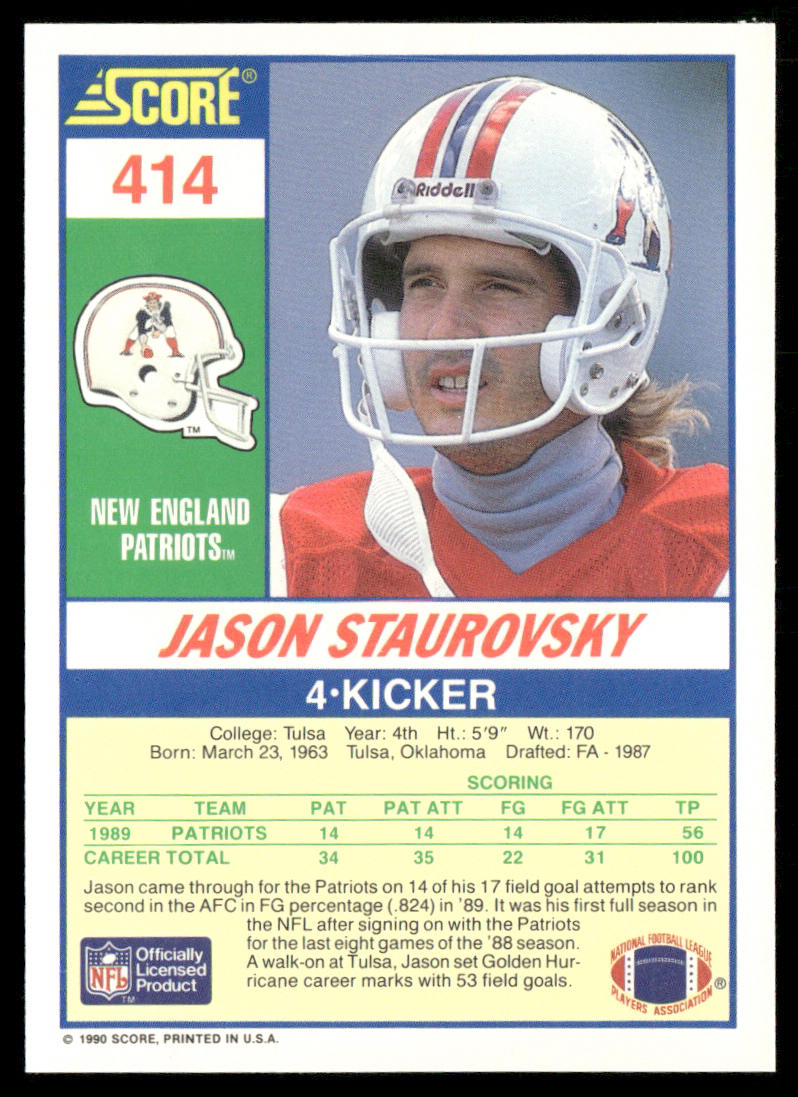Jason Staurovsky 1990 Score #414 RC New England Patriots