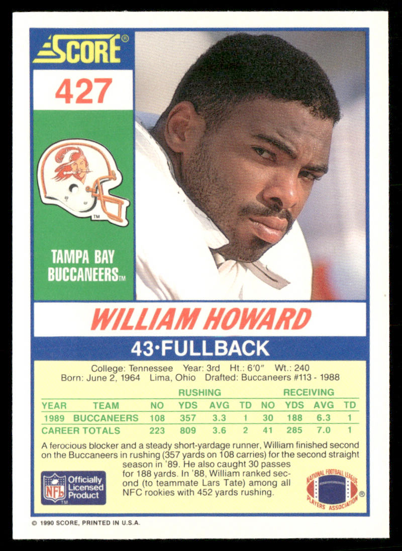 William Howard 1990 Score #427 RC Tampa Bay Buccaneers