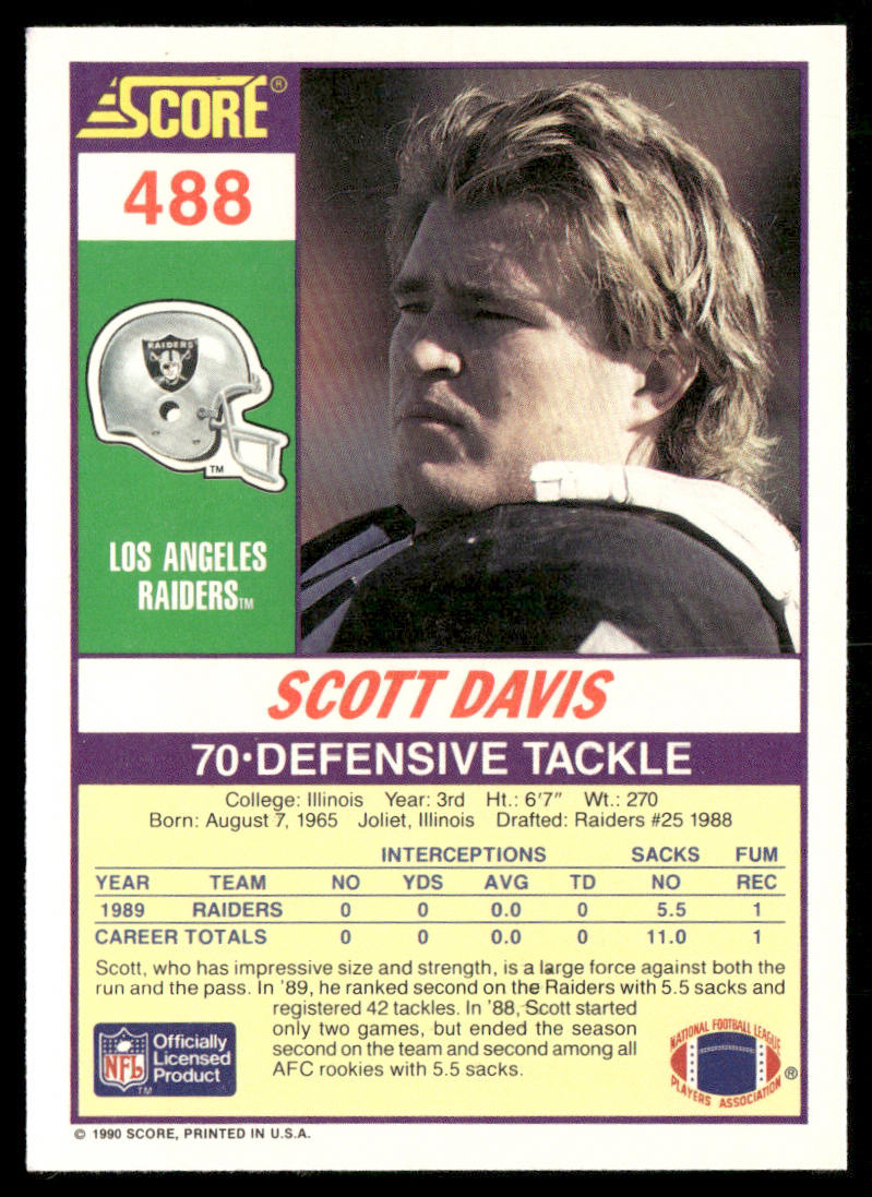 Scott Davis 1990 Score #488 RC Los Angeles Raiders