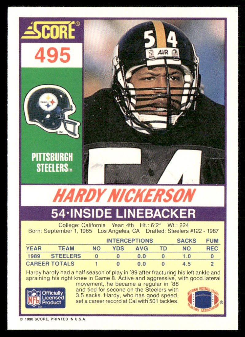 Hardy Nickerson 1990 Score #495 Pittsburgh Steelers