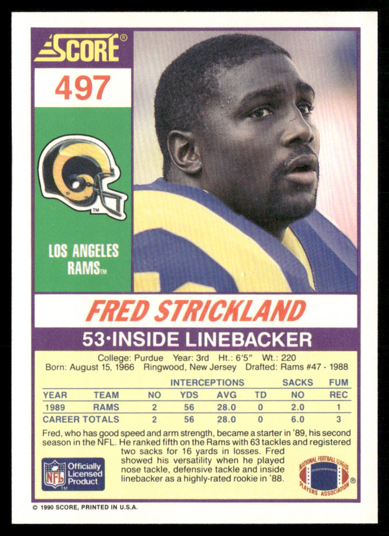 Fred Strickland 1990 Score #497 RC Los Angeles Rams