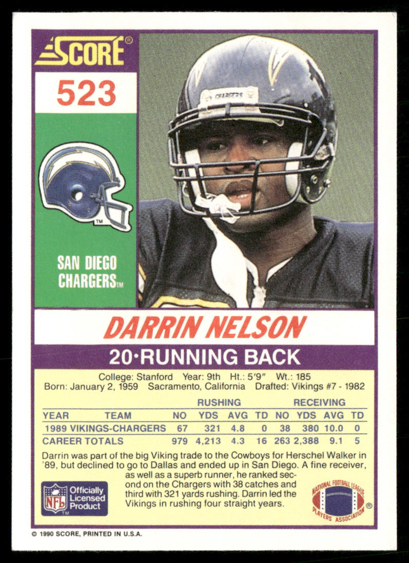 Darrin Nelson 1990 Score #523 San Diego Chargers
