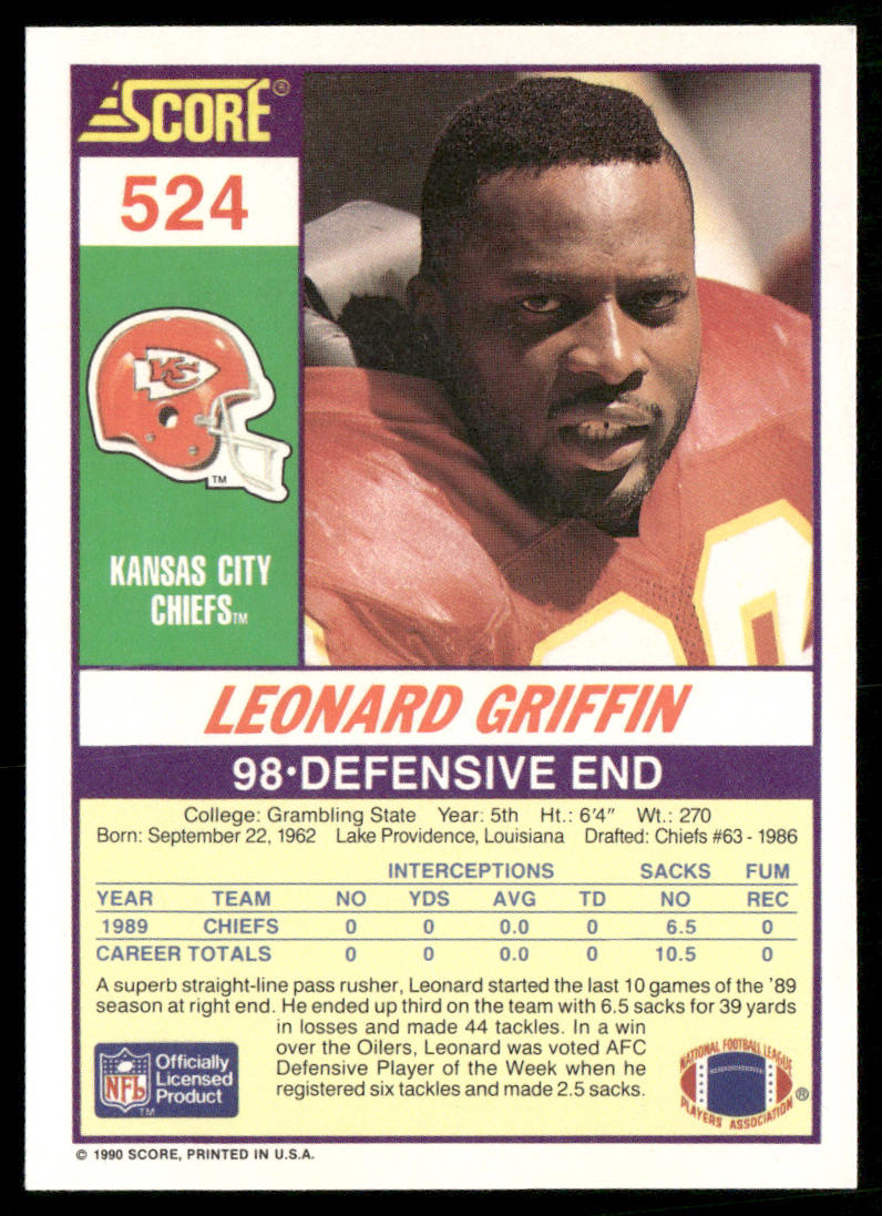 Leonard Griffin 1990 Score #524 RC Kansas City Chiefs