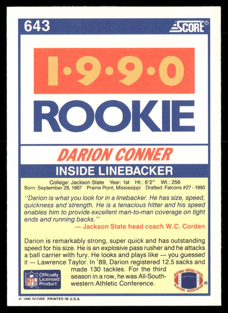 Darion Conner 1990 Score #643 RC Jackson State Tigers