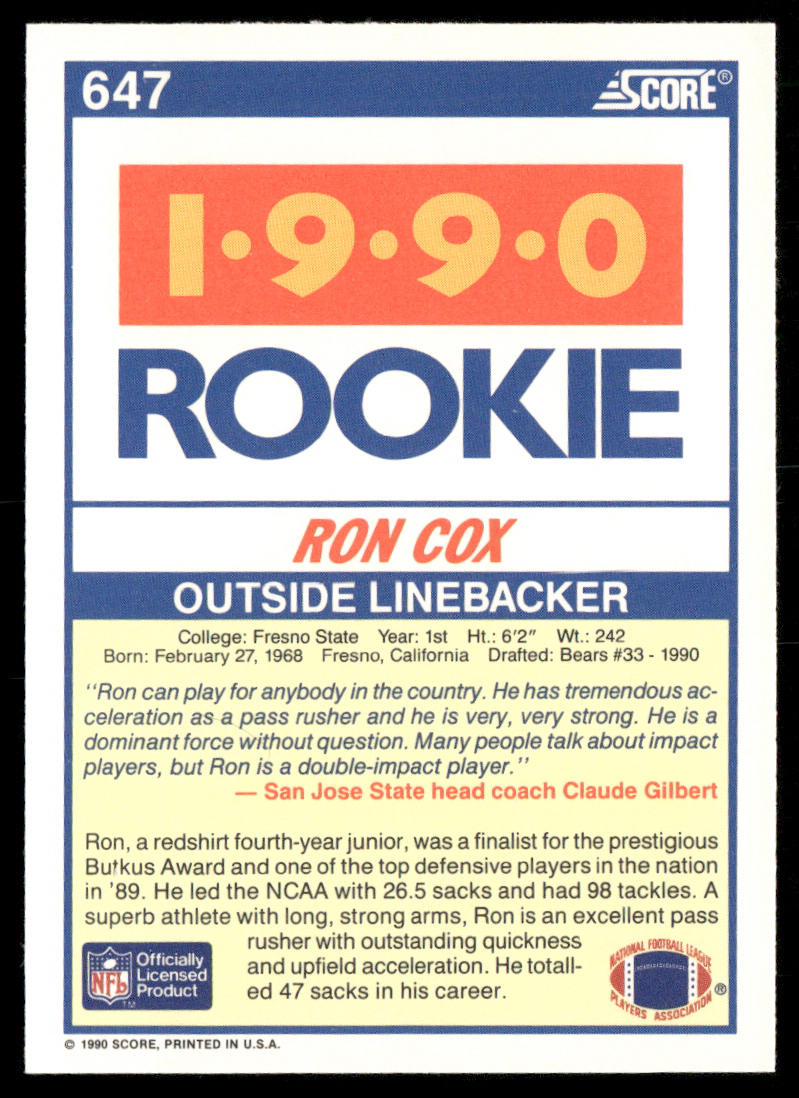 Ron Cox 1990 Score #647 RC Fresno State Bulldogs