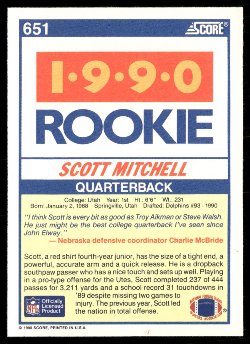 Scott Mitchell 1990 Score #651 RC Utah Utes