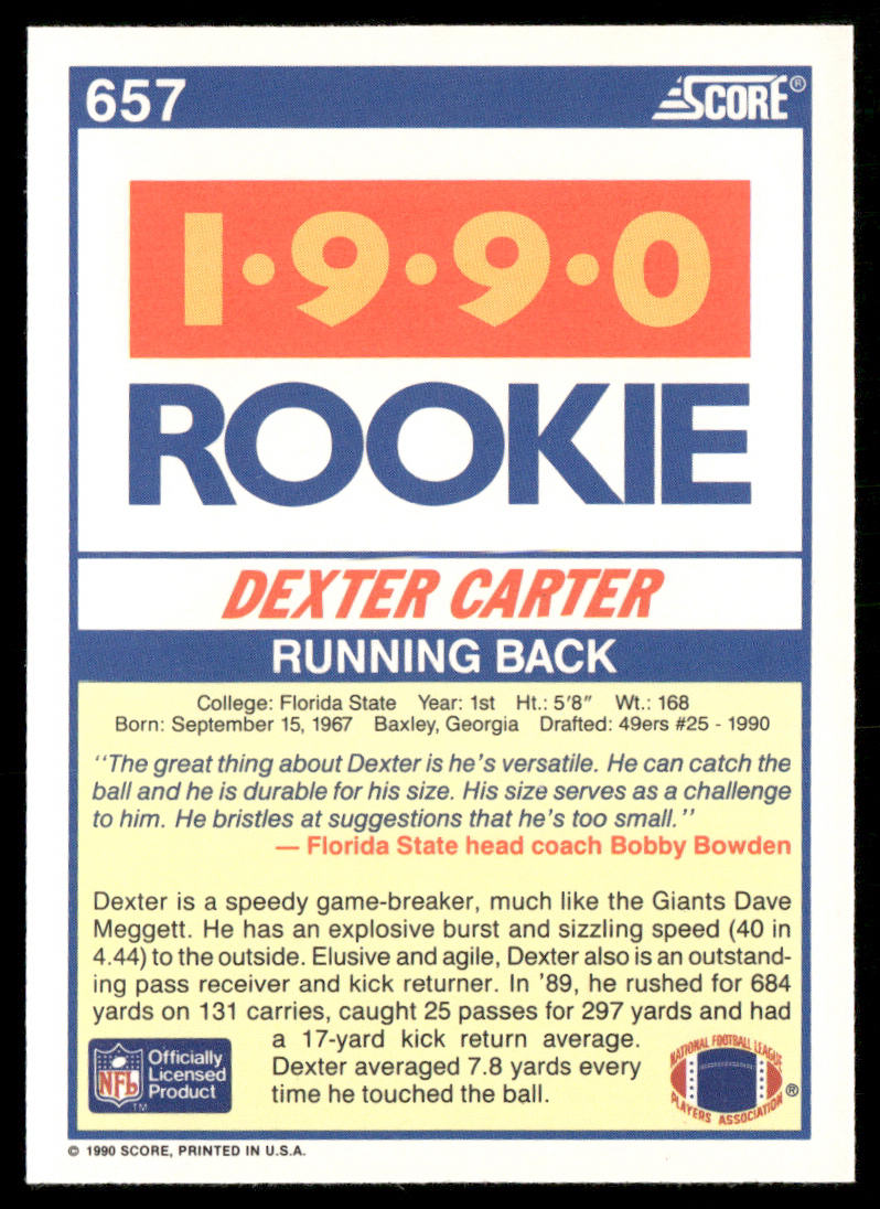Dexter Carter 1990 Score #657 RC Florida State Seminoles