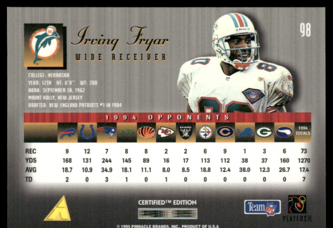 Irving Fryar 1995 Select Certified #98 Miami Dolphins