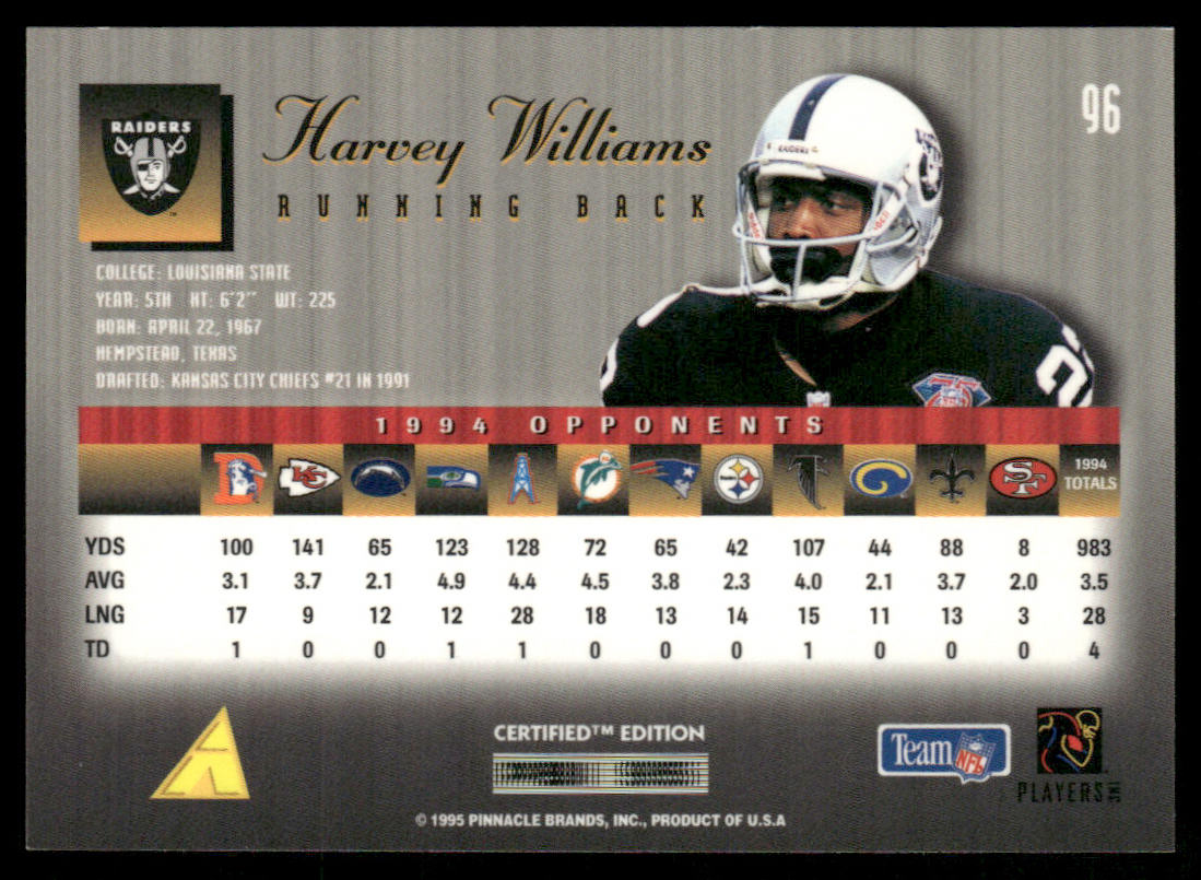 Harvey Williams 1995 Select Certified #96 Oakland Raiders