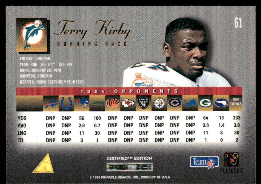 Terry Kirby 1995 Select Certified #61 Miami Dolphins