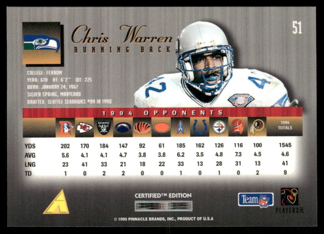 Chris Warren 1995 Select Certified #51 Seattle Seahawks
