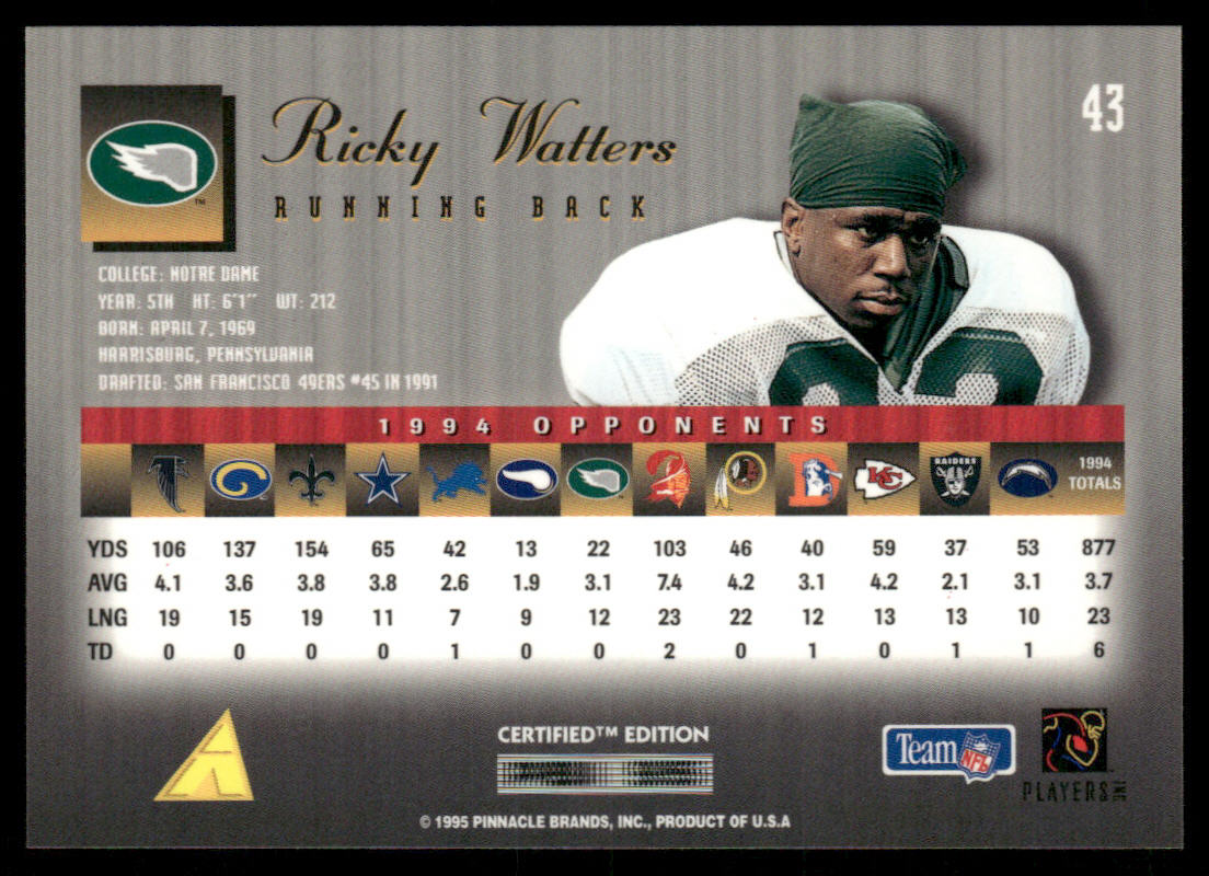 Ricky Watters 1995 Select Certified #43 Philadelphia Eagles