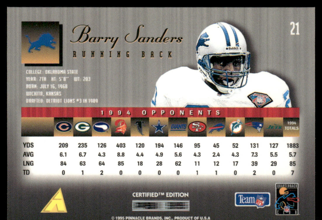 Barry Sanders 1995 Select Certified #21 Detroit Lions