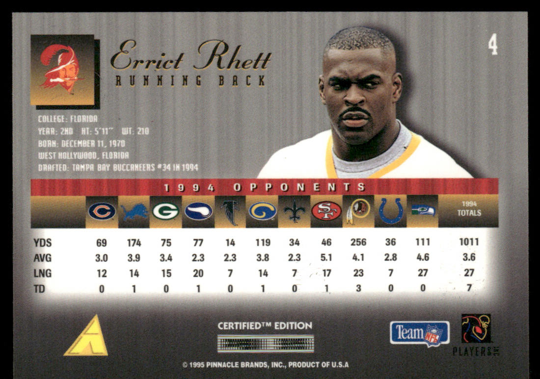 Errict Rhett 1995 Select Certified #4 Tampa Bay Buccaneers