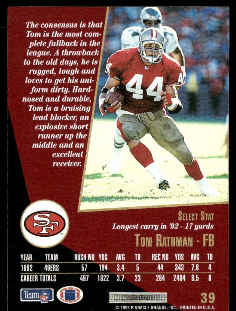 Tom Rathman 1993 Select #39 San Francisco 49ers