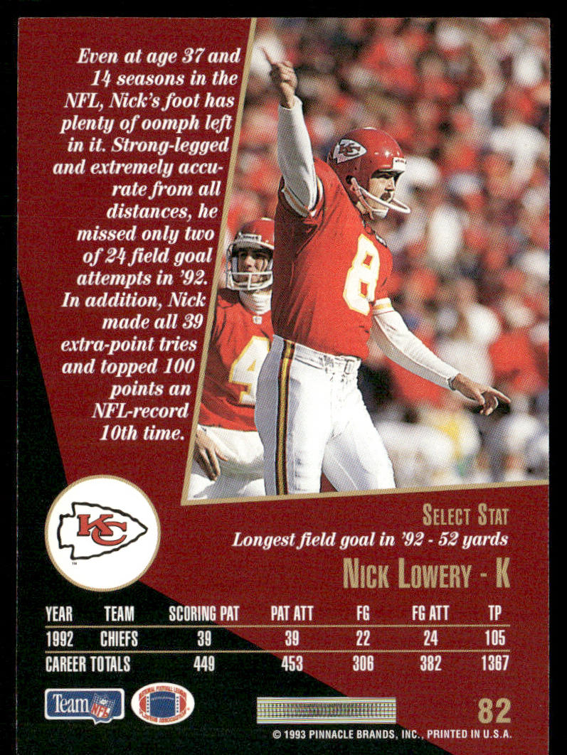 Nick Lowery 1993 Select #82 Kansas City Chiefs