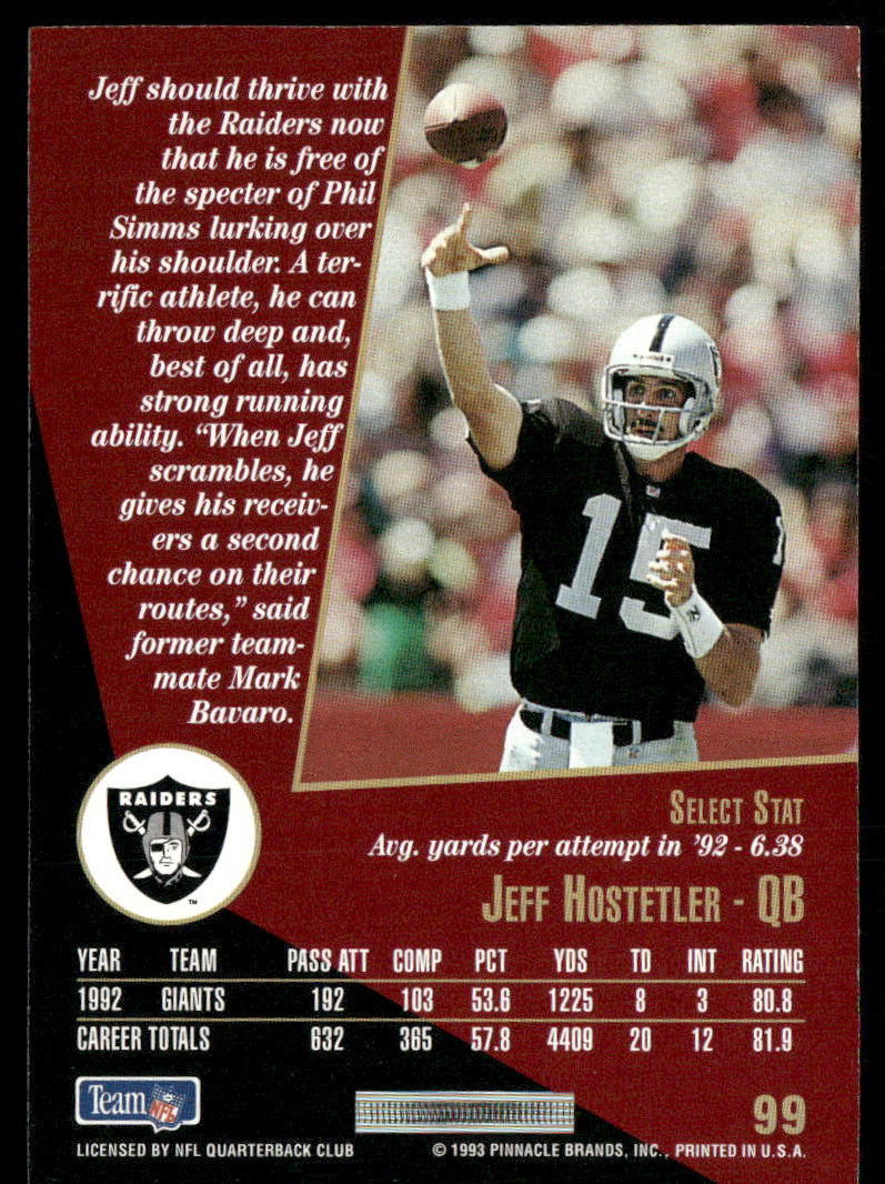 Jeff Hostetler 1993 Select #99 Los Angeles Raiders