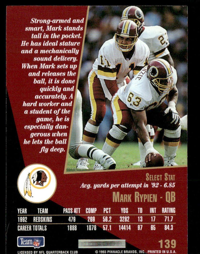 Mark Rypien 1993 Select #139 Washington Redskins