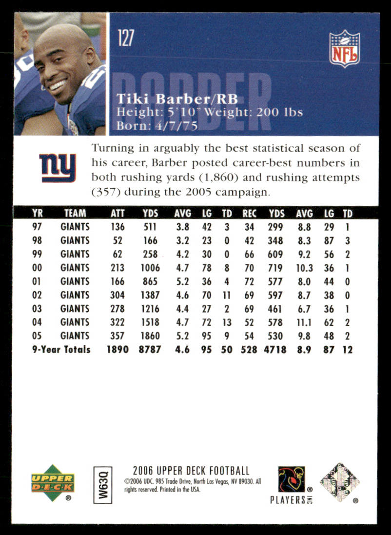 Tiki Barber 2006 Upper Deck #127 New York Giants