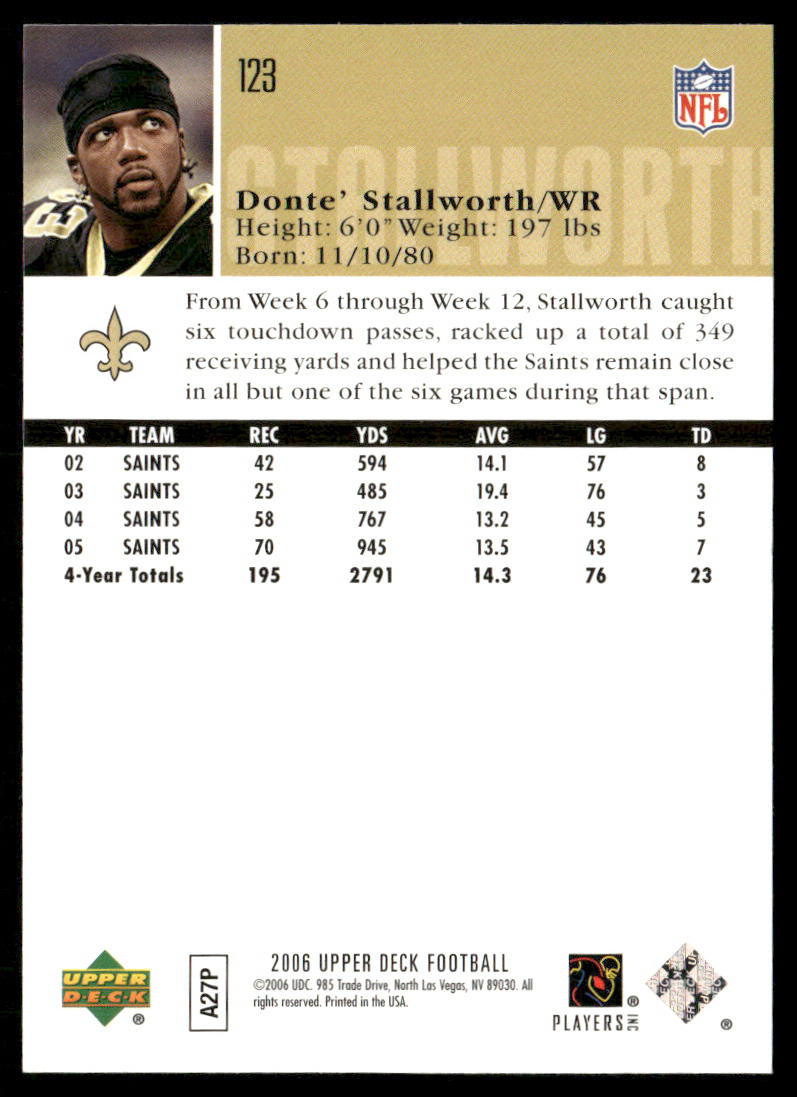 Donte Stallworth 2006 Upper Deck #123 New Orleans Saints