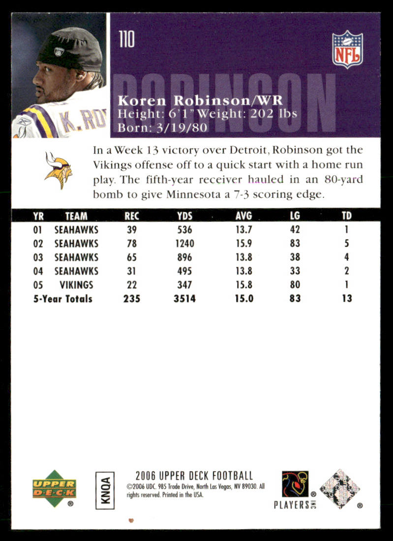 Koren Robinson 2006 Upper Deck #110 Minnesota Vikings