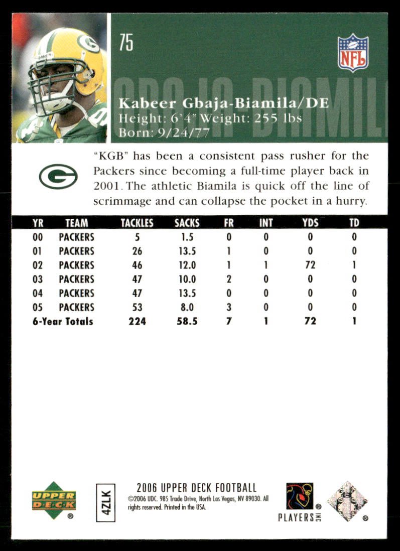 Kabeer Gbaja-Biamila 2006 Upper Deck #75 Green Bay Packers